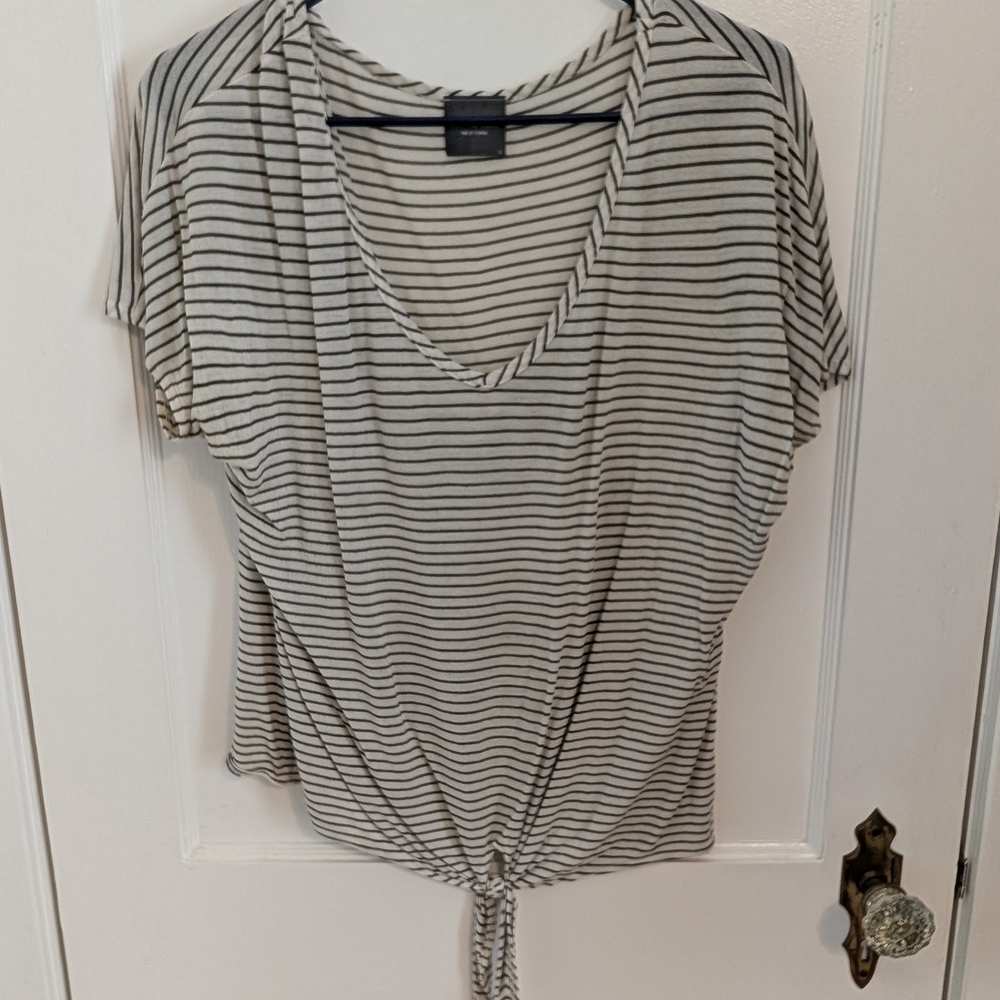 Olivia Rae Cream and Black Striped Tie-Front V-Neck Top
